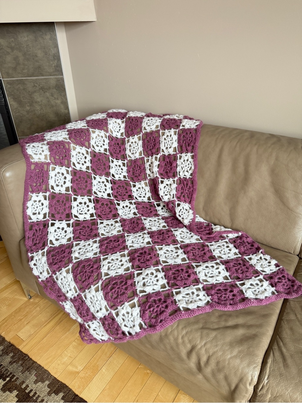 Handmade Purple White Floral Crochet Open Knit Openwork Granny Square Blanket
